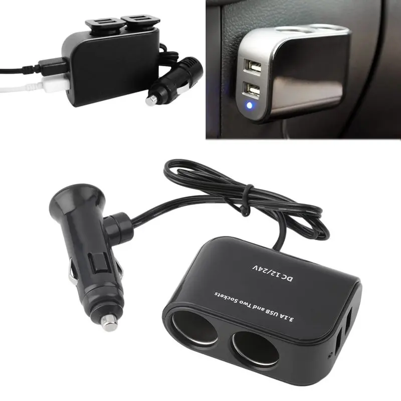

PDA Power 2 Way Car Cigarette Lighter +LED Light Switch Auto Socket Splitter Charger USB 12V/24V Vehicle Adapter Car Accessories