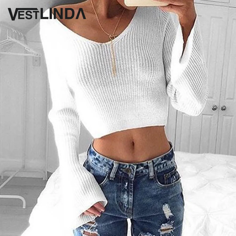 Женский укороченный свитер VESTLINDA белый вязаный ребристый с v-образным вырезом и