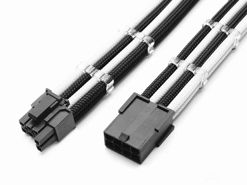 

12" Single Sleeved Black & White PCI-E GPU 8 Pin to 6+2 Pin PCI-E Power Extension Cable + 2PCS Cable Comb black