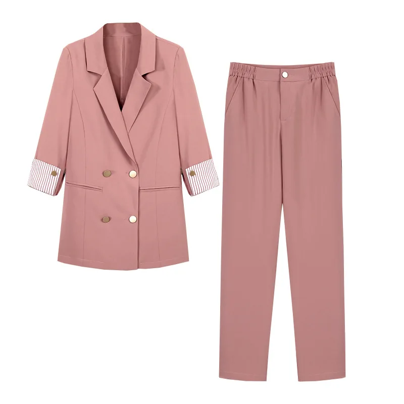 

Striped Sleeve Double Breasted Women Pant Suits Notched Blazer & High Waist Pant Solid OL Style Female 2 Pieces Set 2019 Summer