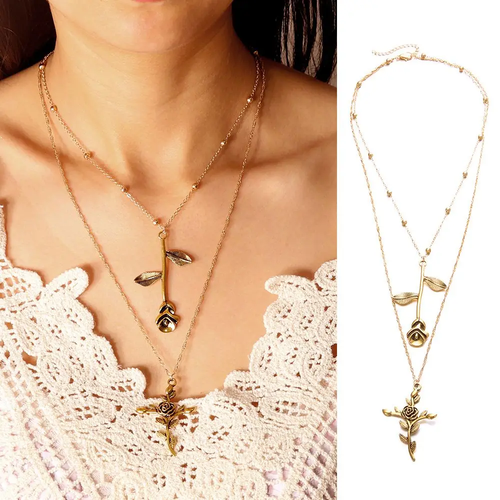 

Bohemian Multilayer Rose Flower Cross Pendant Necklace for Women Vintage Gold Color Party Charms Choker Necklace Collar Jewelry
