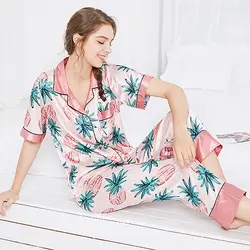 Для женщин Повседневное пижамы с цветочным принтом Демисезонный женские короткий рукав шелк милый ананас печати Для женщин пижамы
