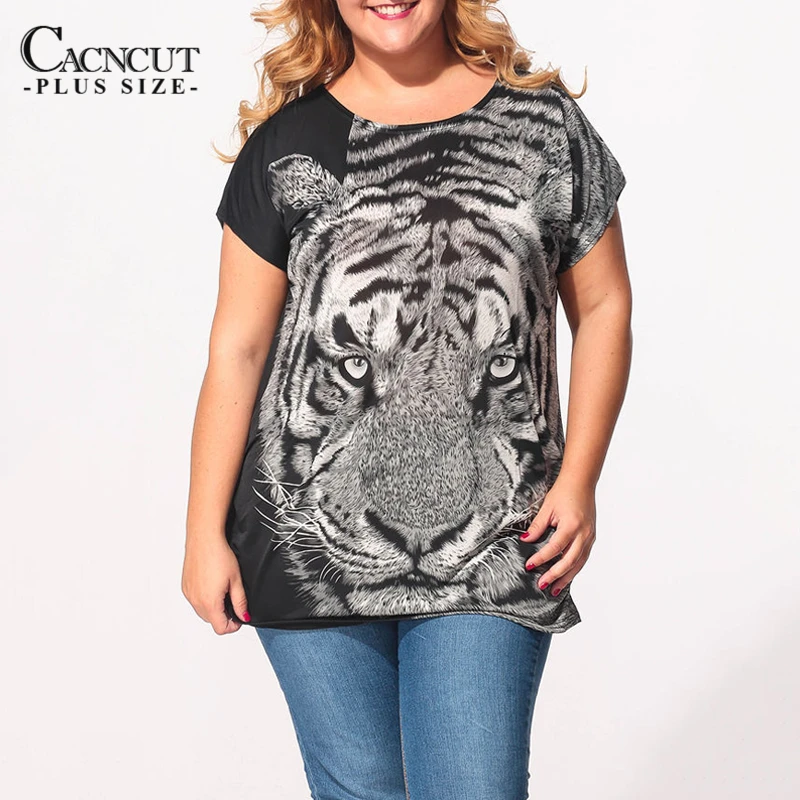 Casual Plus size Women Tops Cute Tiger Print T shirt Short Sleeve Black