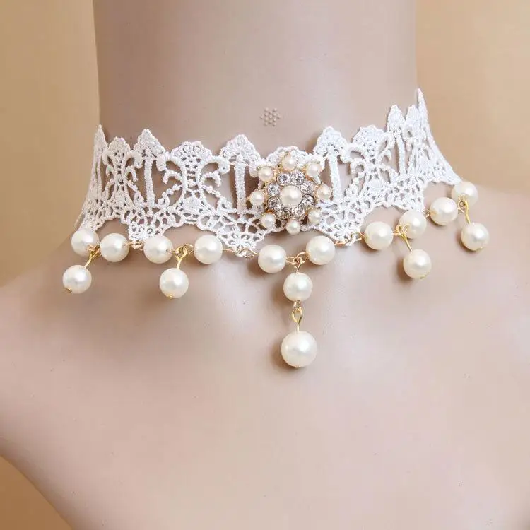Lace Choker Necklaces, Wedding Bride Necklaces, with Alloy, Imitation Pearl and Rhinestone