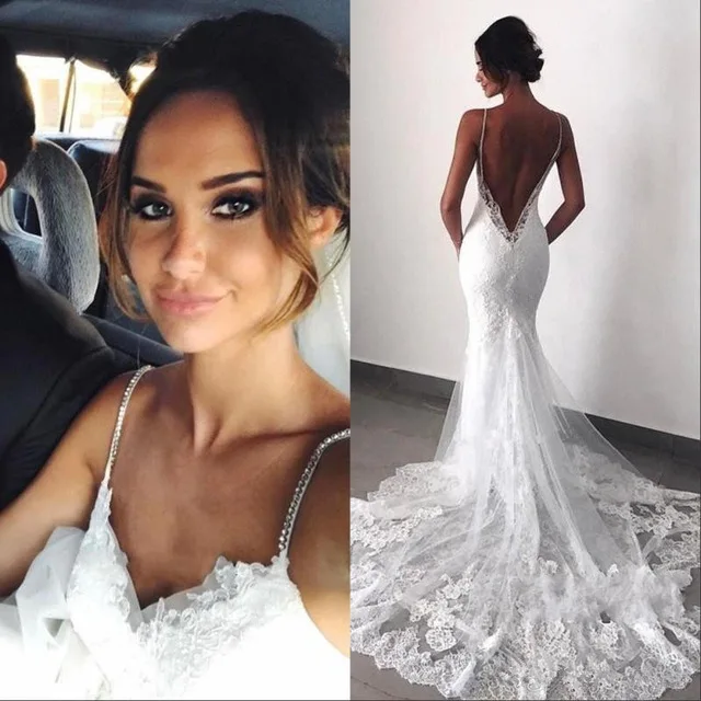 

Vintage Lace Mermaid Wedding Dresses 2019 Sexy V Neck Backless Beading Straps Bride Dress Wedding Gowns Robe De Mariee