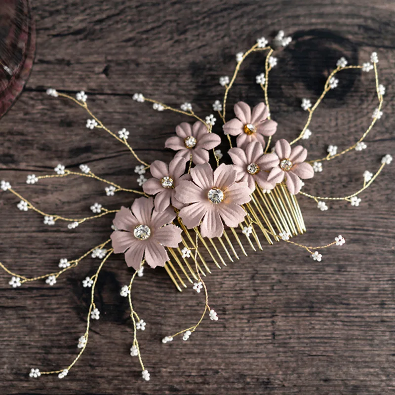 

Korean bride wedding tiara pink flowers Pearl hair combs bridesmaid children's hair ornaments