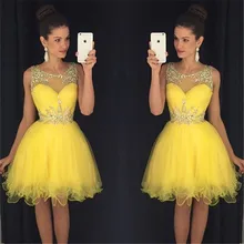 Bright Yellow short Prom Kleider 2016 Perlen Kristall Tulle Fashion Party Kleider Maß cocktailkleider