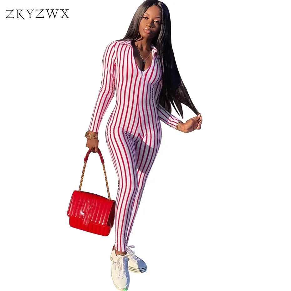 

ZKYZWX Sexy Stripe Jumpsuit Fitness Overalls Rumper Body One Piece Outfit Streetwear Long Sleeve Bodycon Rompers Women Jumpsuit