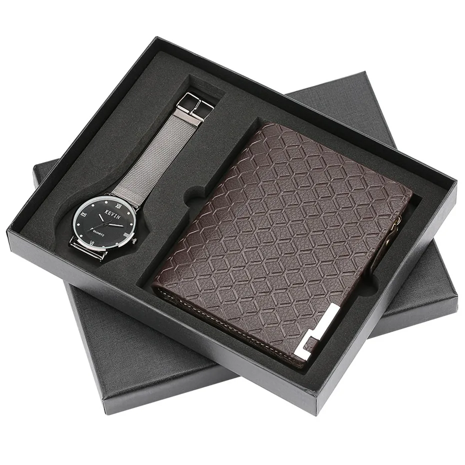 

Quartz Wrist Watch Casual Mens Watch Wrist Clock Wallet Gift Set for Boyfriend Steel Bangle Watches Clock Relogio Masculino