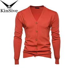 Осенний мужской свитер, повседневный Одноцветный вязаный свитер с v-образным вырезом на одной пуговице, Хлопковый вязаный кардиган с длинным рукавом, приталенный мужской свитер