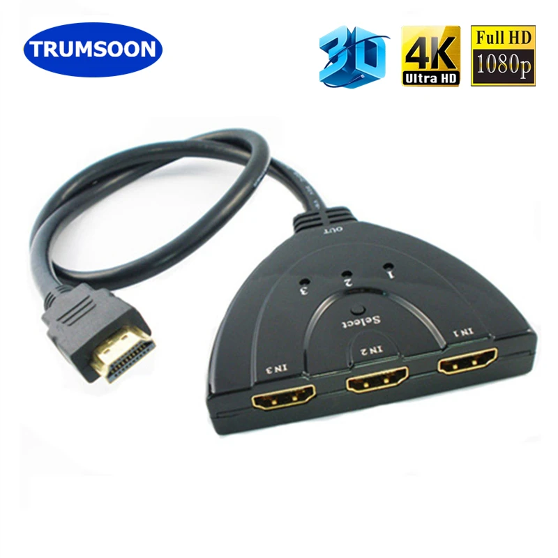 

Trumsoon 4K*2K 1080P 3 Port HDMI 3X1 Switcher HDMI Splitter 3 in 1 out Adapter Hub for DVD HDTV Laptop