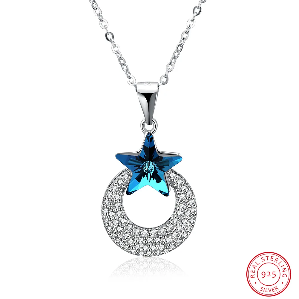 

High quality fine jewelry blue star GemSton crystal necklace with solid circle link pendant necklace for women Female wedding