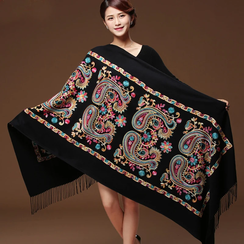 Шарф кашемировый утепленный широкий черный WS1217|cashmere scarf|tassel scarfscarf oversize |