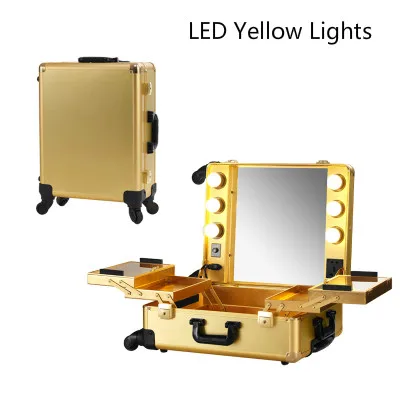 

Golden LED Yellow Light Professional Aluminum Rolling Cosmetic Case Makeup Lighting Studio without legs portable Box 2016 New