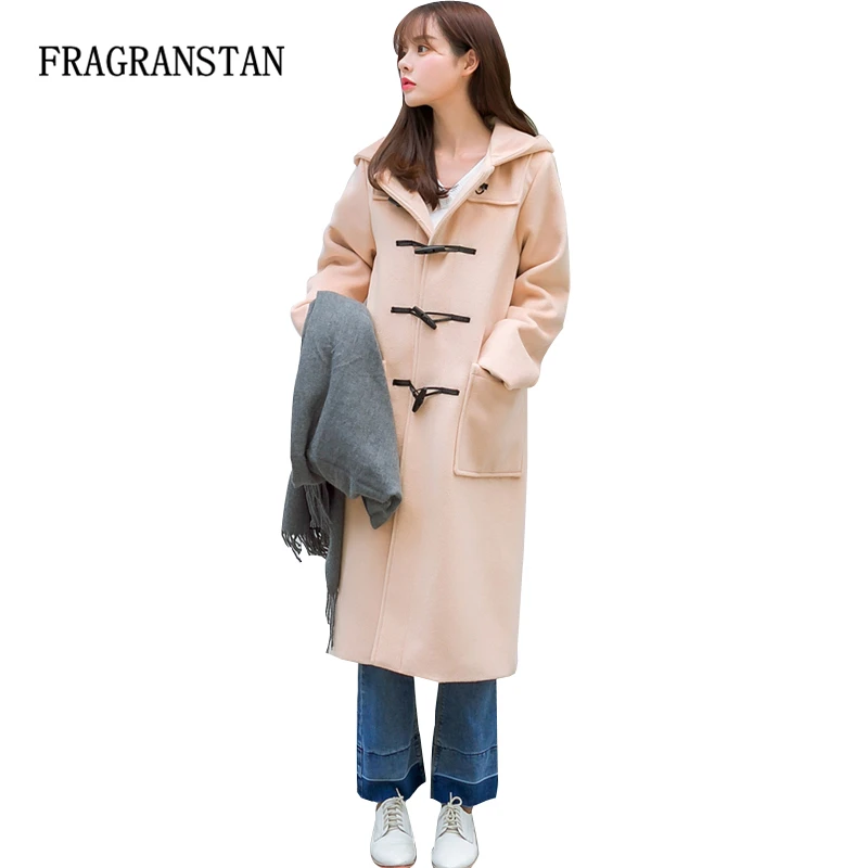 

2018 New Winter Women Fashion Long Horn Button Solid Color Woolen Coats Loose Slim Casual Hoodies Outwear Female Vestidos LY106