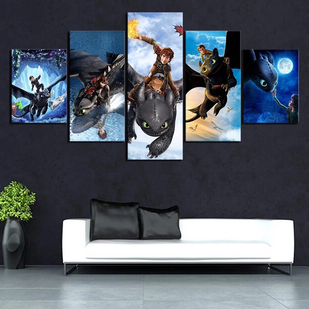 

5 Piece HD Cartoon Movie How To Train Your Dragon Poster Canvas Art Wall Paintings for Home Decor