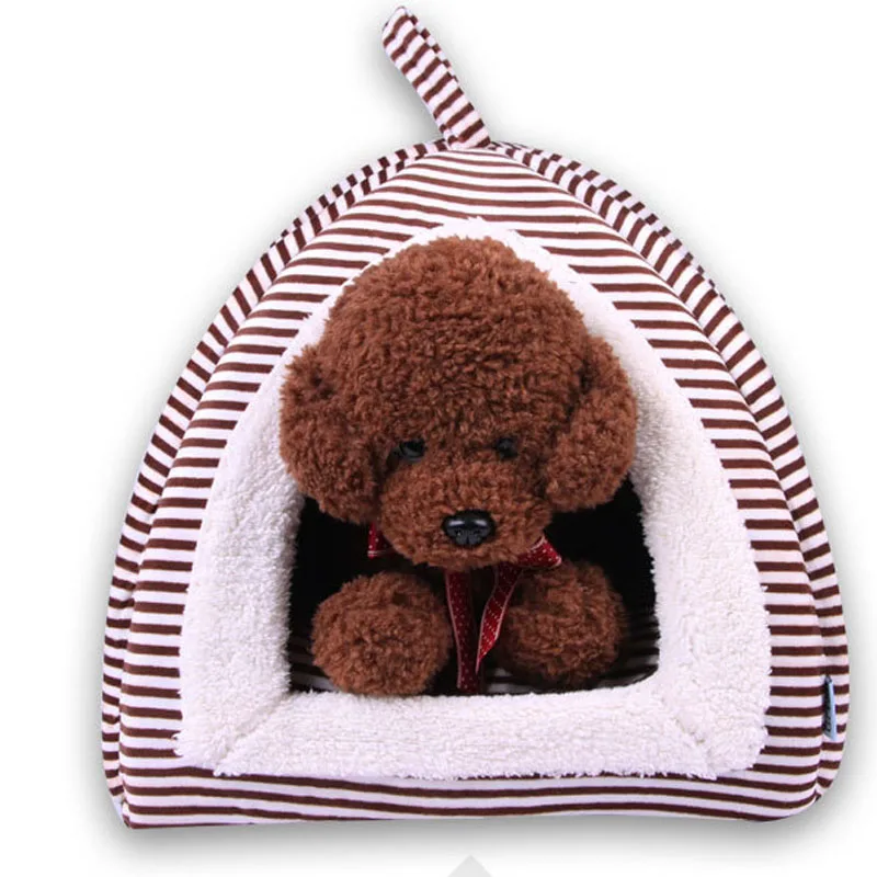 Small Dog Cat House Bed Striped Warm Pet Tent Teddy Yorkies Sleeping Kennel Removable Mat Pet Products M L size