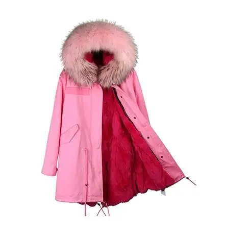 Модное женское розовое длинное пальто с капюшоном и большим воротником из меха енота, парки, верхняя одежда, зимняя куртка со съемной подкладкой из меха кролика - Цвет: 18