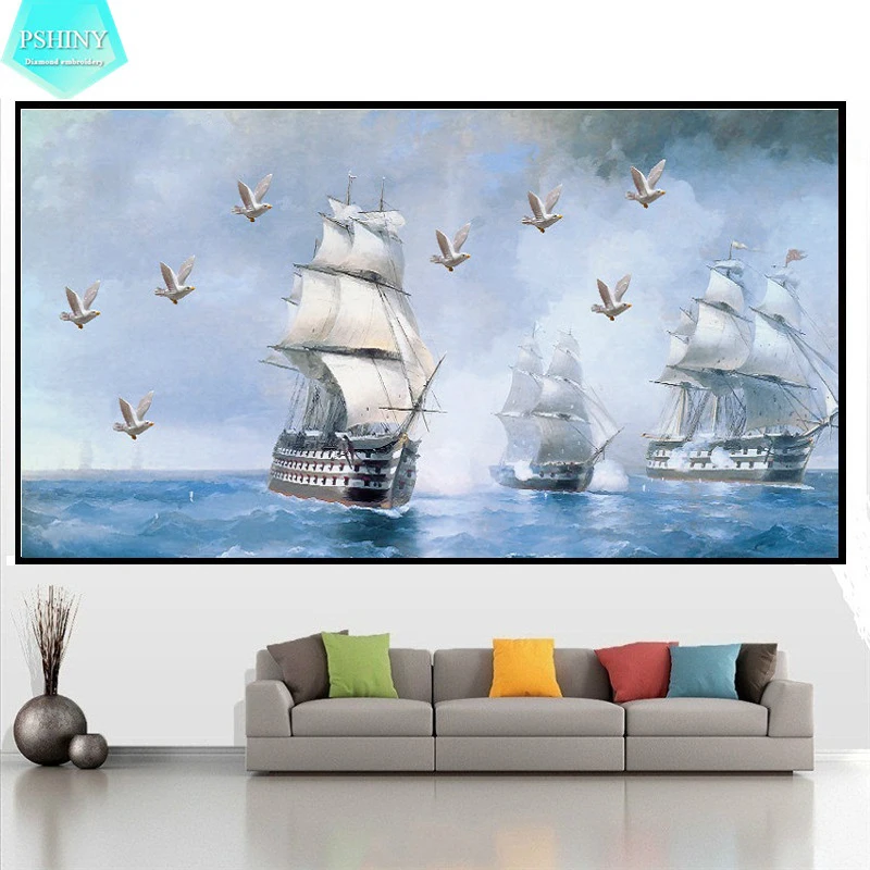 

PSHINY 5D DIY Diamond embroidery Seagull with boat Landscape Picture Full Round rhinestone mosaic Diamond Painting cross stich