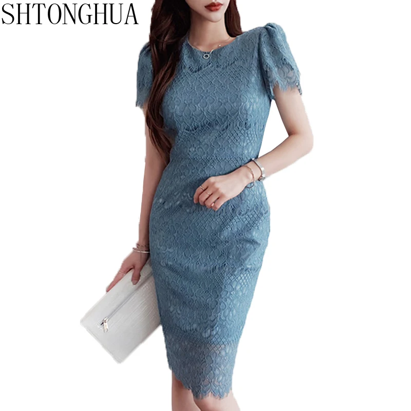 

SHTONGHUA Korean Women Sheath Lace Dresses 2019 Summer Short Sleeve O neck Hollow Out Bodycon Vintage Pencil Slim Work Dress