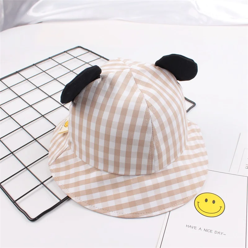 7Striped Baby Sun Bucket Hat Toddler Infant Boy Girl Black Ears UV Protection Basin Caps Cotton Breathable Fashion Grid Hat for Summer