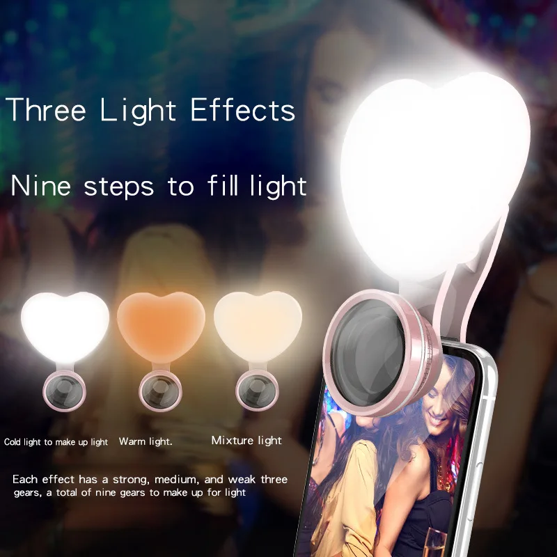 

LED Self Timer Heart Shaped Lamp Ms. Portable with Mobile Phone Flash Adjustable Light Source Camera for All Mobile Phone Models