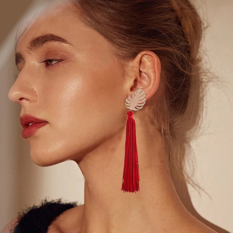 

Bohemian Long Tassel Drop Earrings Luxury Maple Leaf Tassel Earrings For Women 5 Color Choice Dangle Earrings Exquisite Jewelry