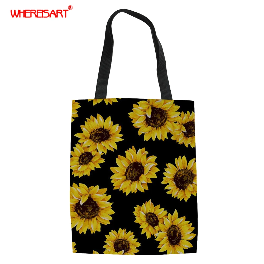 

WHEREISART Women Canvas Shoulder Bag Daisy Sunflower Prints Ladies Shopping Bag Feminina Summer Flower Cloth Handbag Tote