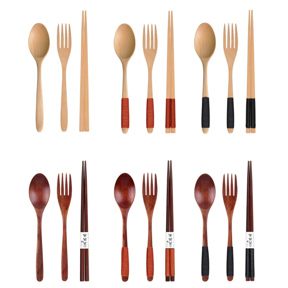 Japanese Style 3 Pcs Wooden Spoon Fork Chopsticks Kit Cutlery Sets