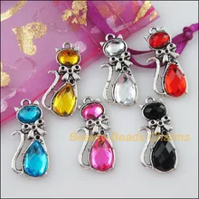 Novo 24 pçs misturado tibetano prata acrílico plástico gato encantos pingentes 12.5x29.5mm