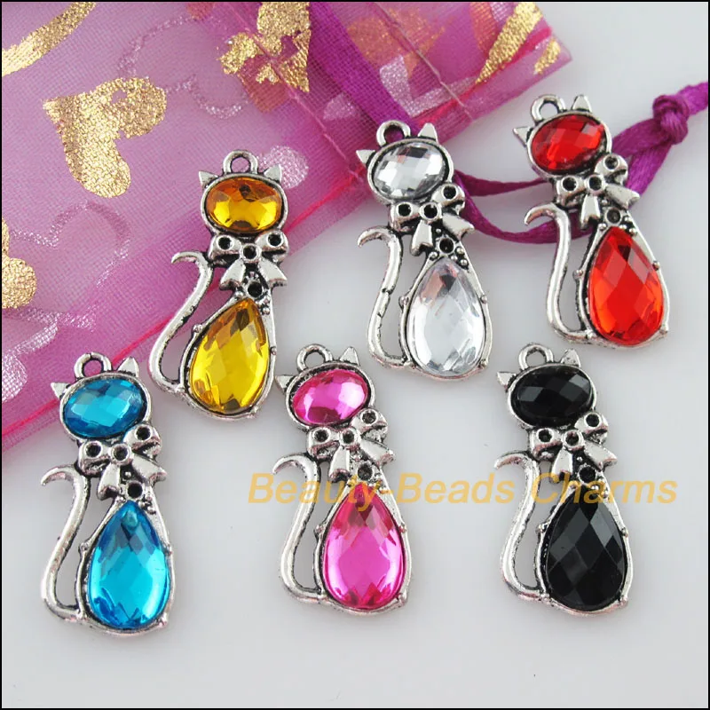 

New 6Pcs Mixed Tibetan Silver Acrylic Plastic Cat Charms Pendants 12.5x29.5mm