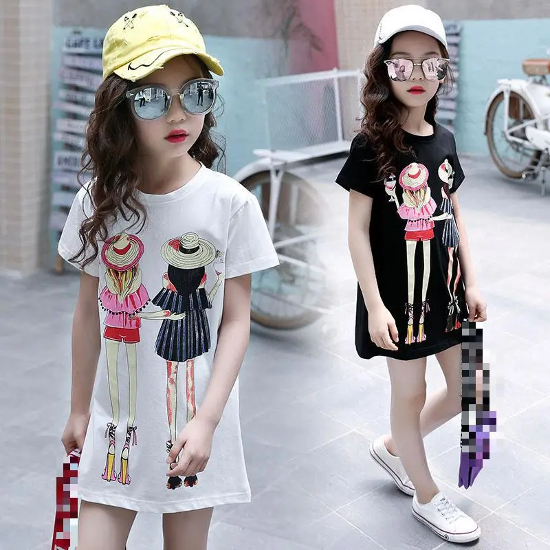 

Girls Summer Tutu Dress 2019 New Fashion Print Black White Casual Toddler Kids Dresses Teenage Age 8 9 10 12 13 Kiz Cocuk Elbise