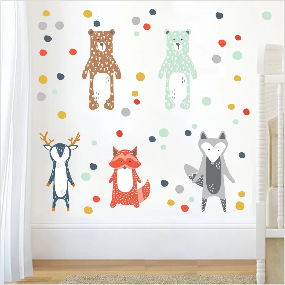  Cartoon Forest Animals Wall Sticker Giraffe Bear Fox Decals Colorful Dots Art Kindergarten For Nurs - 32880240262