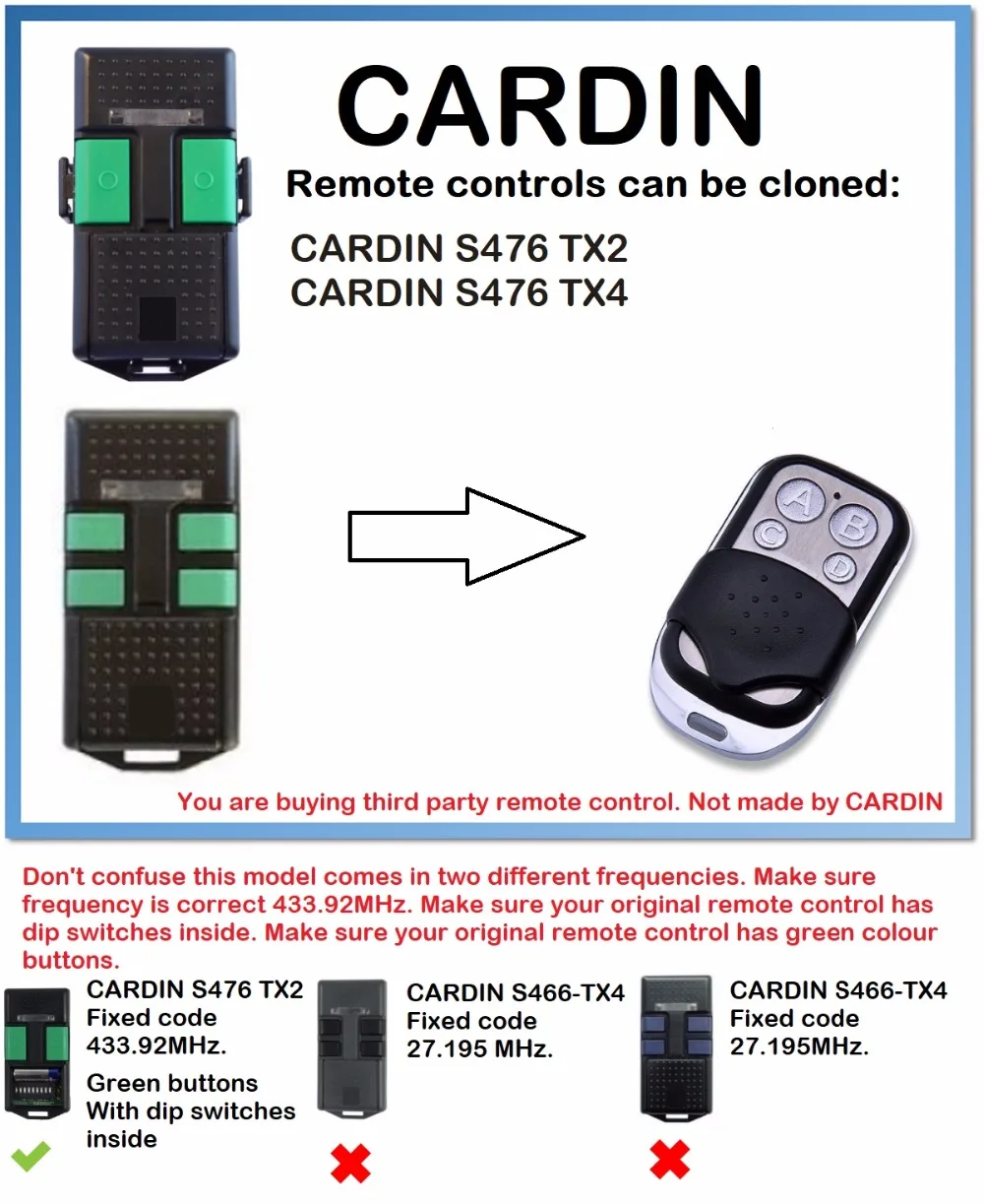 

CARDIN S476 TX2, S476 TX4, Remote Control Duplicator 4-Channel 433.92MHz..(only for 433.92mhz fixed code)