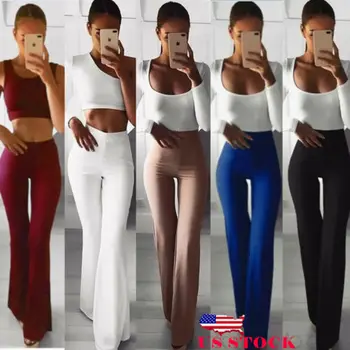 

Summer Autumn Solid Elegant Female Lady Women's Palazzo Flared Wide Killer Legs Pants High Waist OL Ladies Career Long Trousers