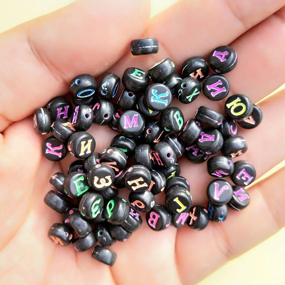 

New Arrival Round Acrylic Russian Letter Beads 4*7MM Coin Shape Black with Neon Colors Alphabet Printing Plastic Spacer Beads