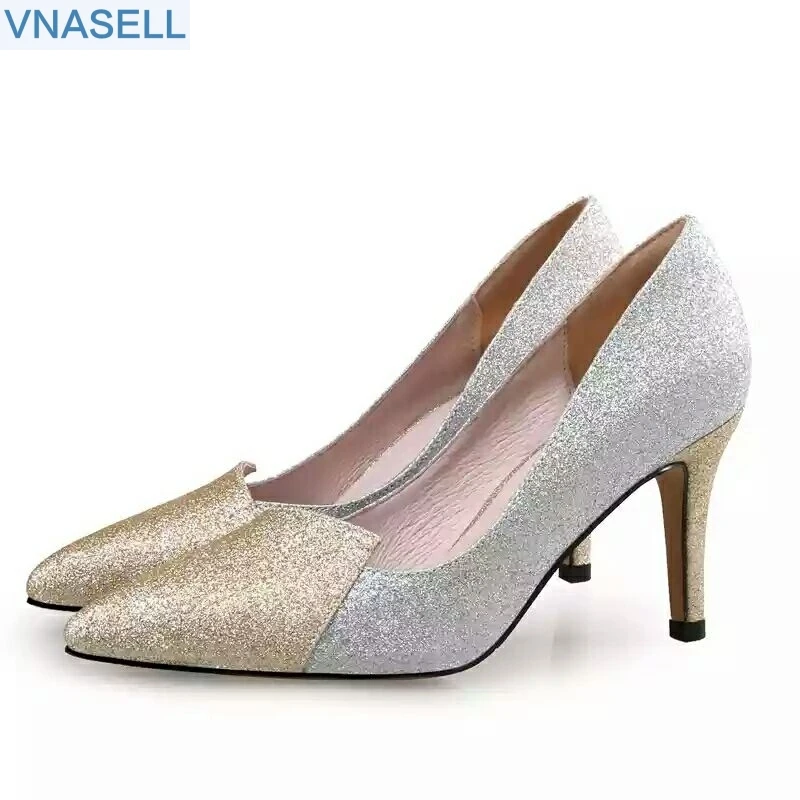 

2019 new flash material pointed high-heeled shoes fashion color matching with shallow shoes, small size women's shoes