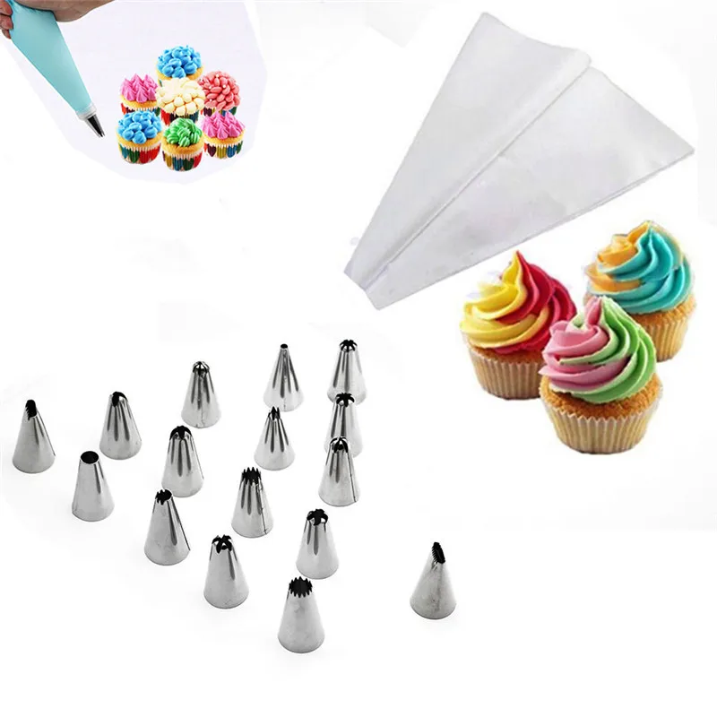 

18Pcs Cake Decorating Tips Set Icing Piping Cream Pastry Bag + 16 Stainless Steel Nozzle + 1 Coupler Free Shipping