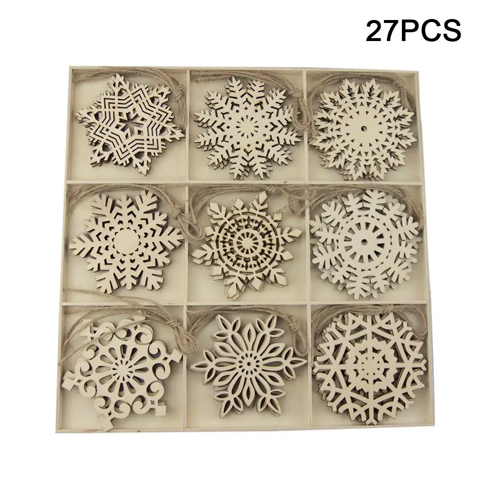 

27PCS Christmas Wooden Embellishments Christmas Tree Pendant Wooden Snowflake Pendant Christmas Decorations For Home