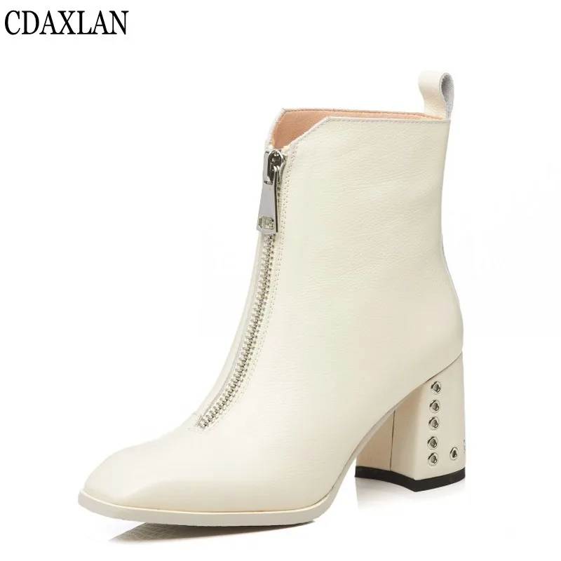 

CDAXILAN new women's short boots genuine cow leather square heels high heels front zipper ankle boots ladies autumn winter