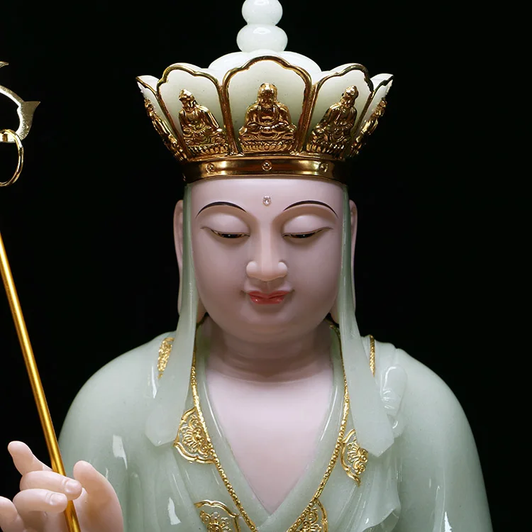 30 см большая-высококачественная домашняя Азия эффективный талисман ksitigarbha Dizang pusa Будда натуральный нефрит позолота резная скульптура статуя