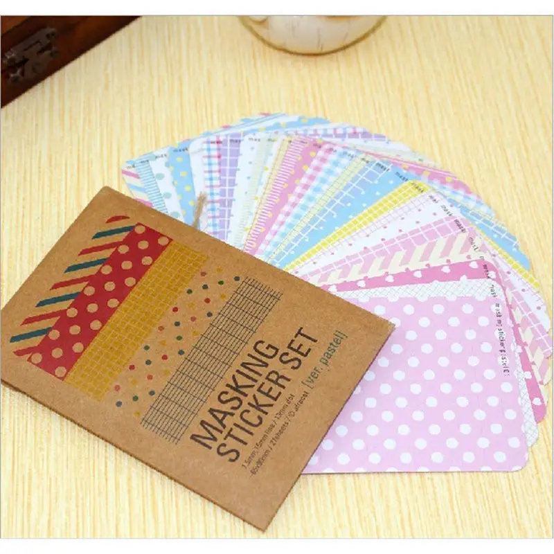 

1 bag(27pcs) mini size decorative DIY mask cut round and strip shape sticker can make flag kraft paper bag packing