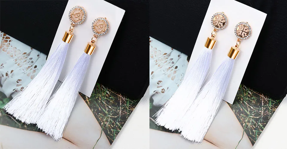 POXAM модные длинные серьги в богемном стиле с бахромой и кристаллами, ювелирные изделия из желтого и красного шелка, висячие серьги с ниспадающими кисточками для женщин