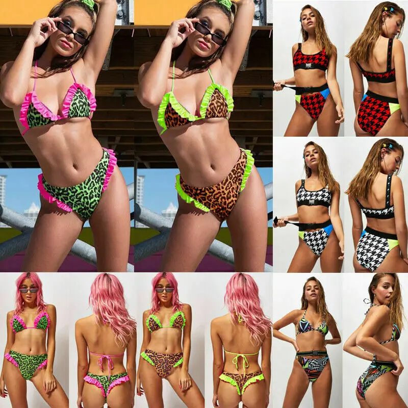 

Female Leopard Swimsuit with Ruffles New Bikini Set Padded Swimwear Women's Summer Patchwork High Waisted Swimming Suit