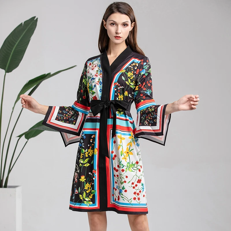 2019 Summer Pretty Floral Print Dress High Quality Fashion V_neck Three Quarter Flare Sleeve Loose Cute With Sashes | Женская одежда
