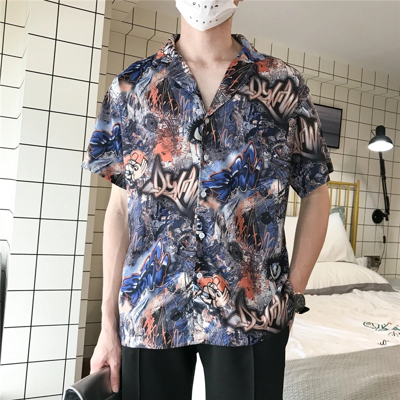 Gersri напечатаны кимоно кардиган рубашка Мужчины Улица Гавайи Пляж короткий рукав рубашка пальто рубашки харуюку мужские s рубашки японский стиль - Color: 2059