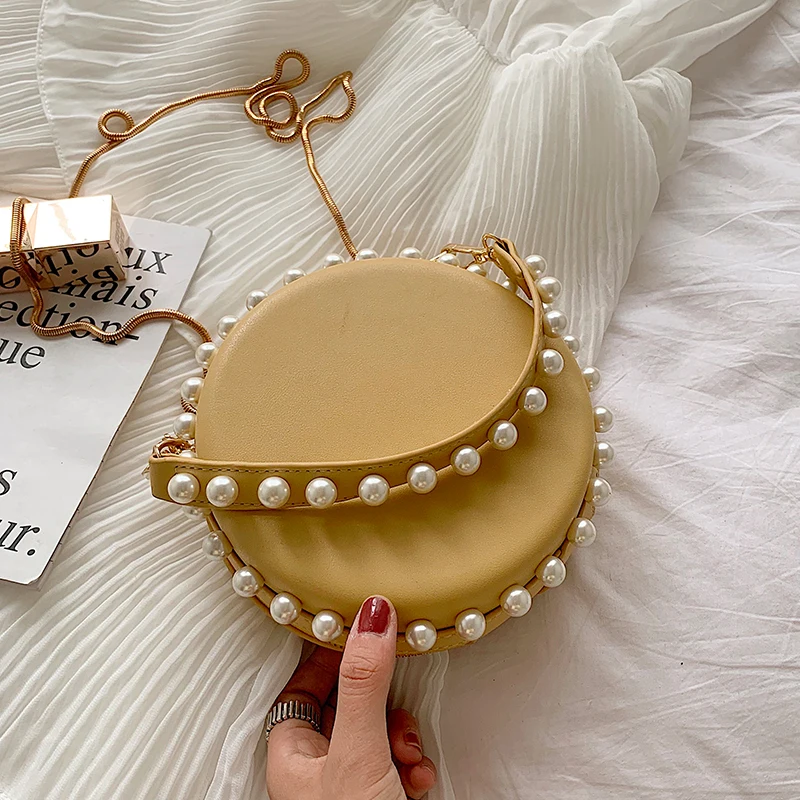 

Elegant Female Round Pearl Tote Bag 2019 Summer New Quality PU Leather Women's Designer Handbag Chain Shoulder Messenger Bags