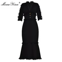 MoaaYina Mode Designer Runway Kleid Sommer Frauen V-ausschnitt Halbe hülse Spitze Taste Schlank Paket hüfte Edle Elegante Fischschwanz Kleid