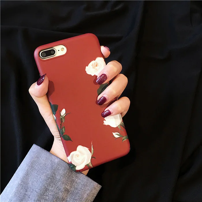

Luxury red white rose Style Phone Case Red Hard PC Cover for iPhone 6 6splus 7 7plus 8 8plus coque for iphone 7 6 s fudans