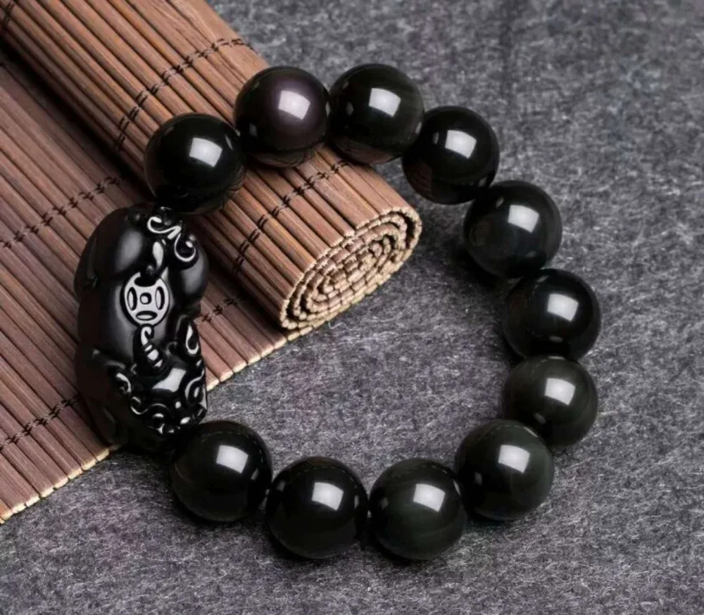 

Natural Black Obsidian Gemstone Colorful Woman Man Round Beads Pi Xiu Bracelet AAAAA Drop Shipping 10mm 12mm 14mm 16mm 18mm